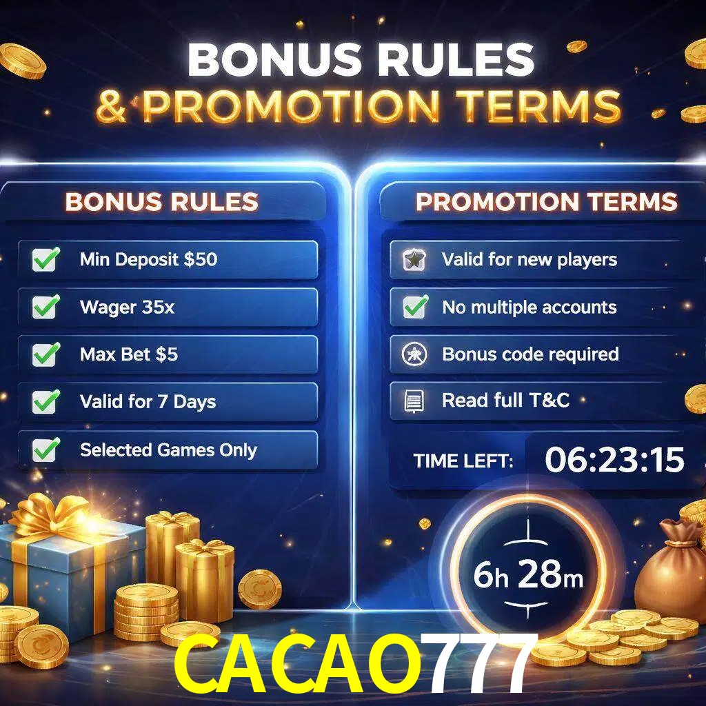 Reglas de promoción CACAO777 y condiciones de bonos explicadas visualmente