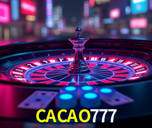 Una escena digital vívida inspirada en casino con CACAO777 mostrado prominentemente, luces brillantes, fichas, cartas y acentos dorados.