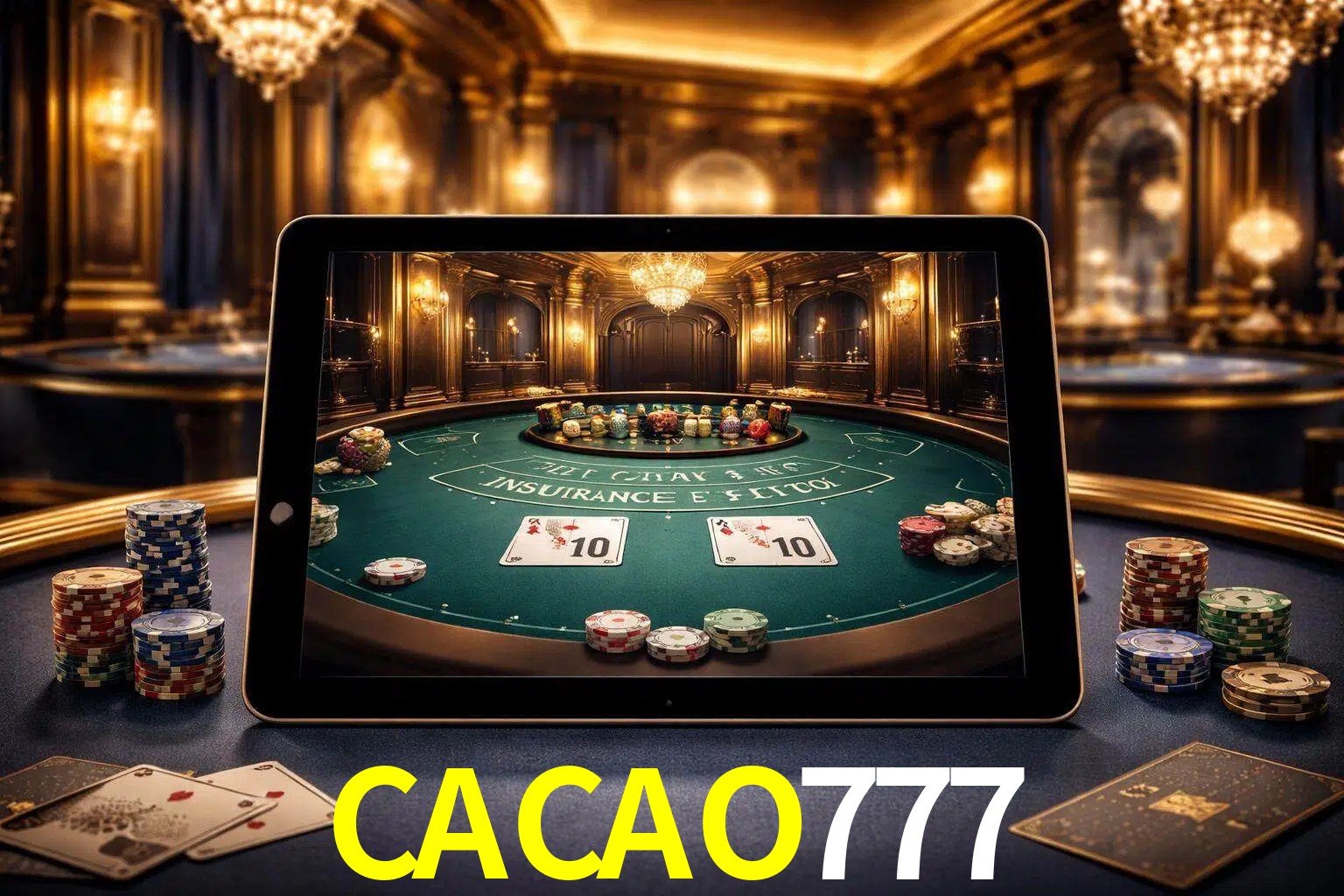 Configuración moderna de casino en vivo con una tableta mostrando una mesa de blackjack, luces cálidas de estudio y una atmósfera elegante de juegos digitales.