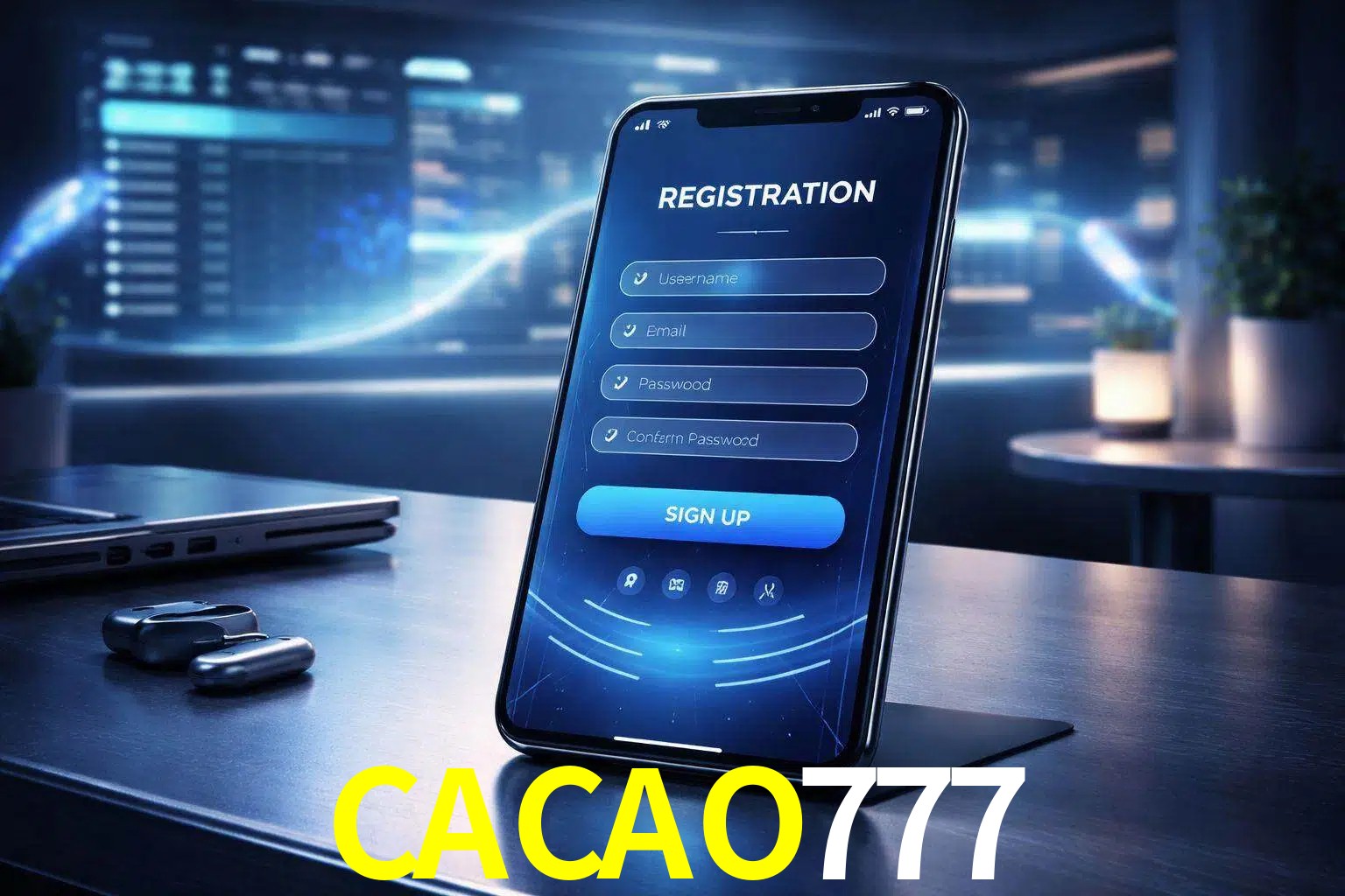 Una interfaz moderna de registro móvil para CACAO777 mostrada en un smartphone con un panel de apuestas elegante.